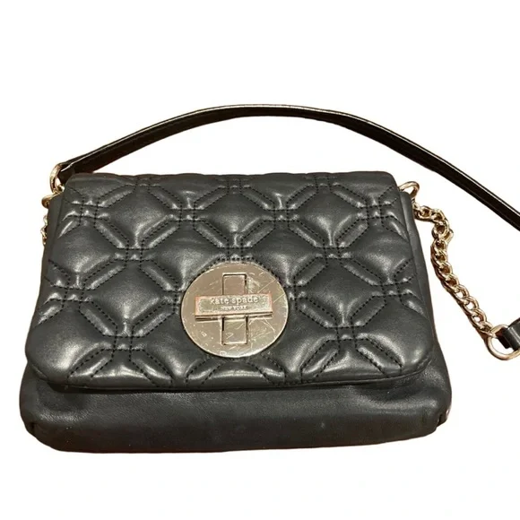 Kate Spade quilted front flap foldover flap w/chain, silver medallion closure B7